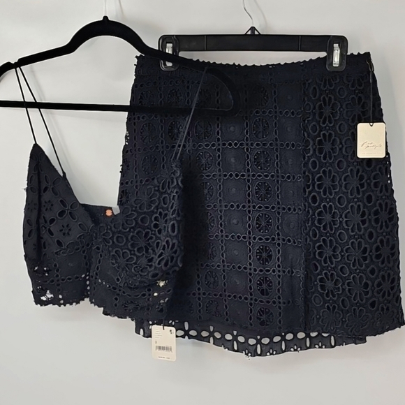 Free People Dresses & Skirts - Free People Noir Black Eyelet 2-Piece Party Outfit Mini Skirt & Bralette Top Y2K